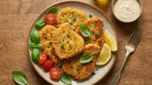 Cotolette vegetariane dorate servite con basilico, pomodorini e spicchi di limone su un piatto di ceramica