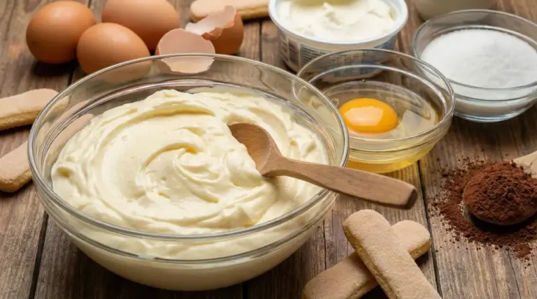 Crema al mascarpone in una ciotola con ingredienti per tiramisù su un tavolo di legno