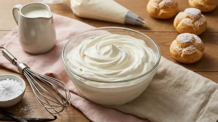 Ciotola di crema chantilly soffice con utensili da cucina e bignè su tavolo di legno