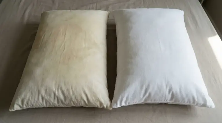 Due cuscini su un letto: uno ingiallito e uno bianco, a confronto prima e dopo la pulizia