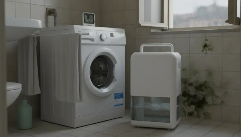 Deumidificatore acceso vicino a lavatrice in bagno con muffa sulle piastrelle