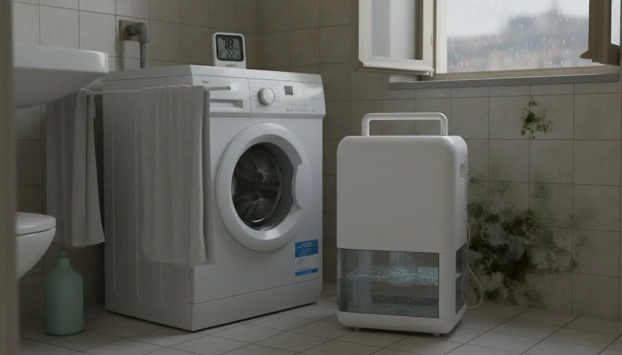Deumidificatore acceso vicino a lavatrice in bagno con muffa sulle piastrelle