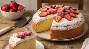 Torta soffice con panna montata e fragole fresche su un tavolo di legno