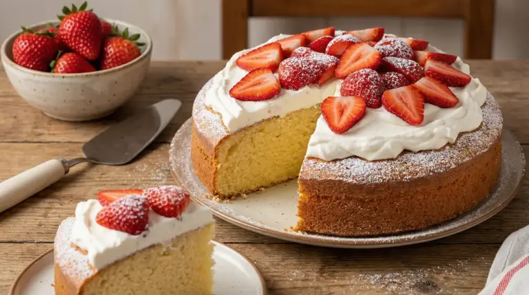 Torta soffice con panna montata e fragole fresche su un tavolo di legno