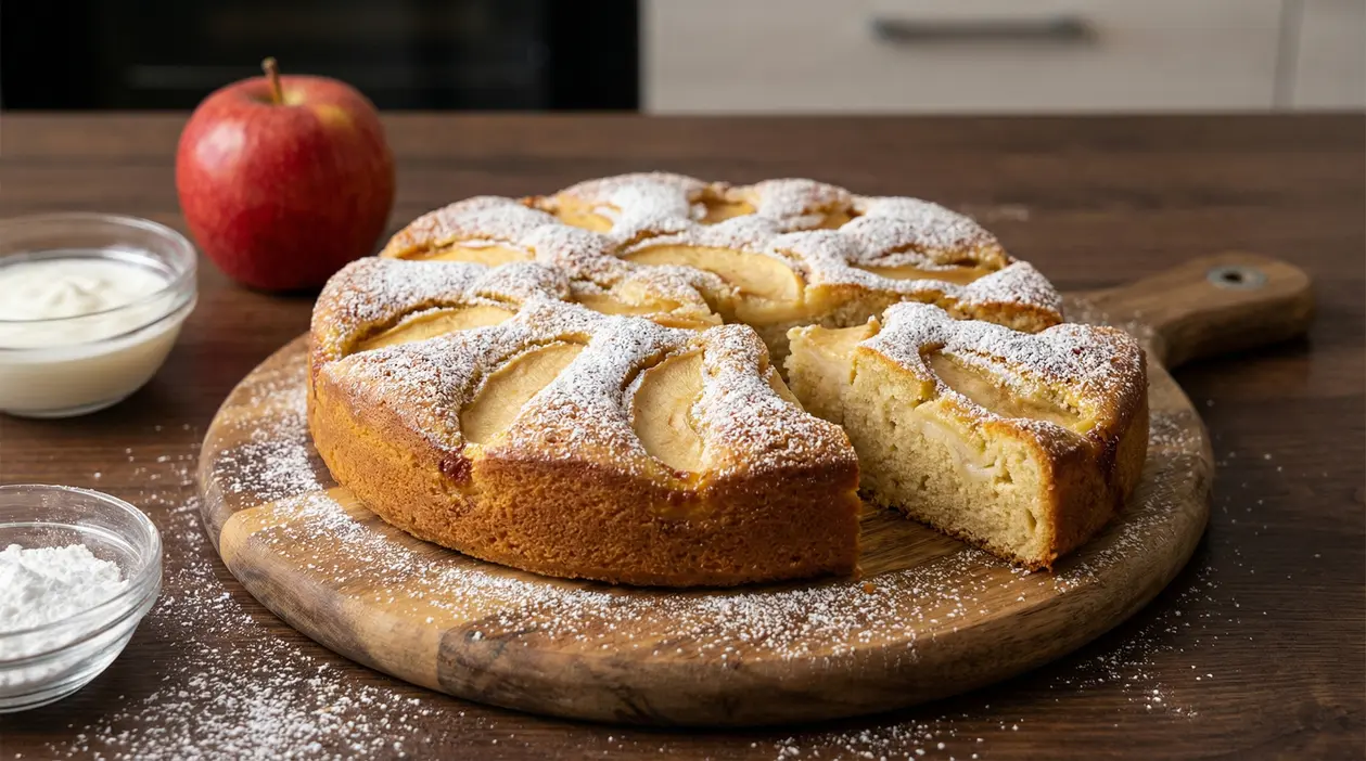 Torta soffice alle mele e yogurt spolverata di zucchero a velo su tagliere in legno
