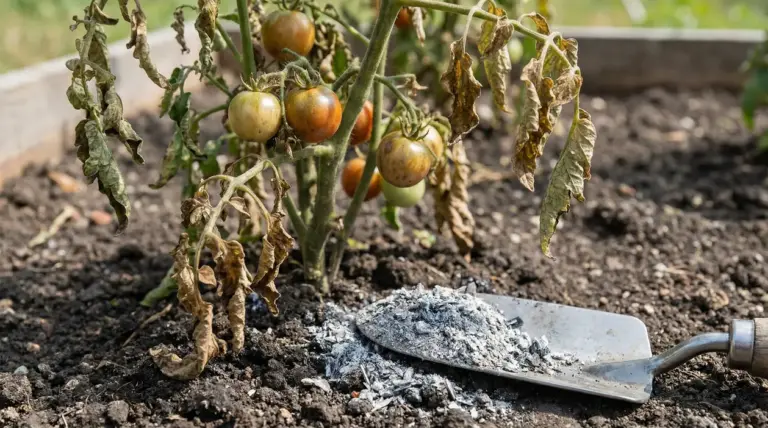 Pianta di pomodoro con foglie secche e cenere sparsa sul terreno