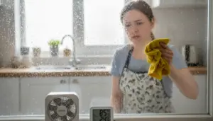 Persona che pulisce una finestra della cucina appannata con un panno giallo