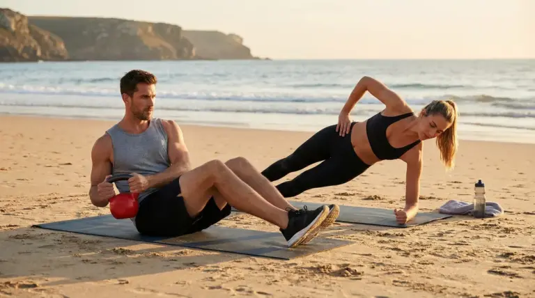 Due persone che fanno esercizi addominali su una spiaggia al tramonto