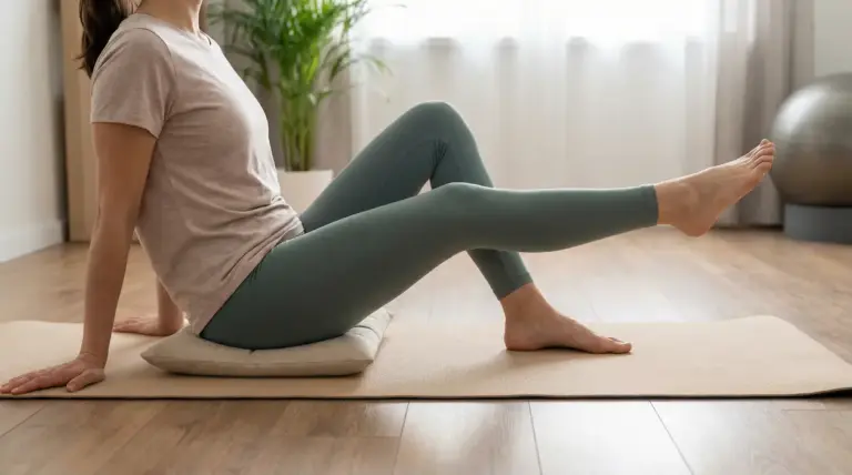 Persona seduta su tappetino che esegue esercizio per il ginocchio sollevando una gamba
