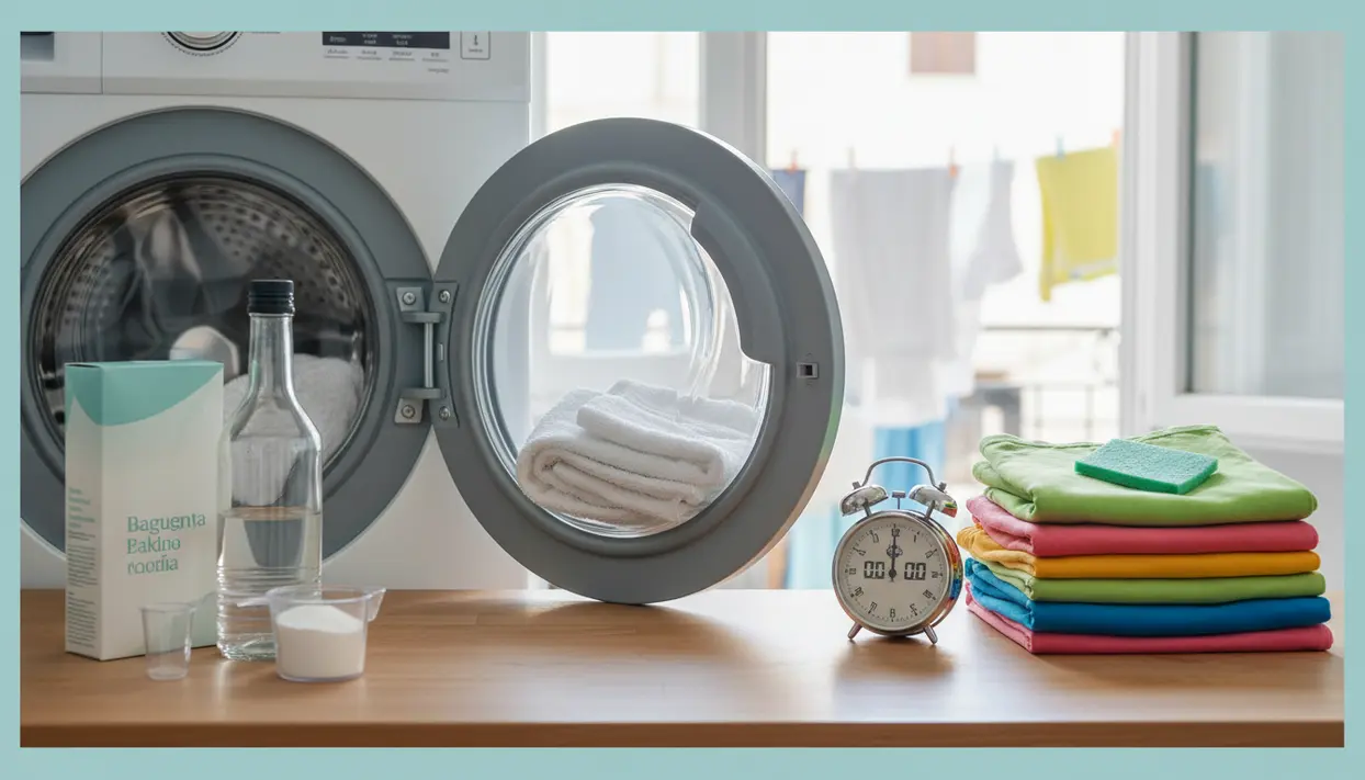 Oblò aperto di una lavatrice con asciugamani bianchi, detergenti, orologio e panni piegati