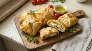 Fagottini di pasta sfoglia ripieni di zucchine e scamorza su tagliere di legno