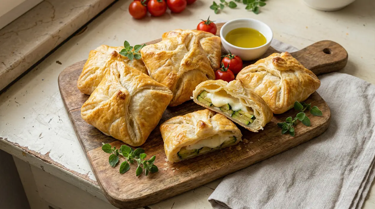 Fagottini di pasta sfoglia ripieni di zucchine e scamorza su tagliere di legno