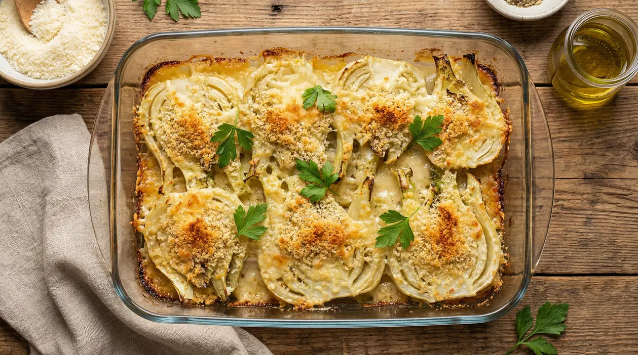 Finocchi al forno con formaggio gratinato in una pirofila di vetro su tavolo rustico