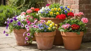 Vasi grandi con fiori colorati resistenti tutto l'anno in un giardino soleggiato