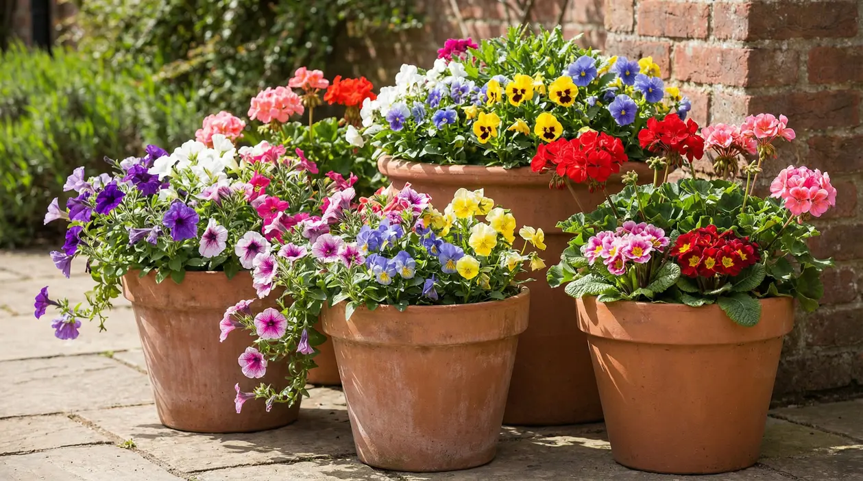 Vasi grandi con fiori colorati resistenti tutto l'anno in un giardino soleggiato