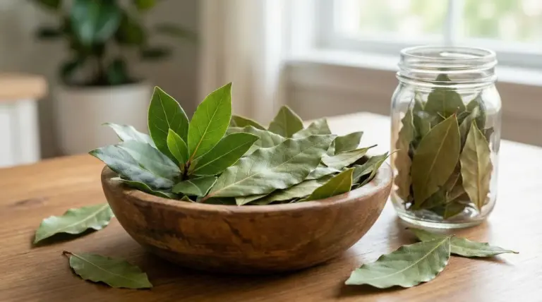Foglie d’alloro in una ciotola di legno e in un barattolo di vetro su un tavolo, in casa vicino a una finestra