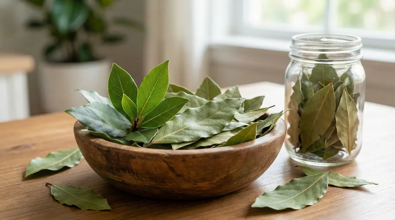 Foglie d’alloro in una ciotola di legno e in un barattolo di vetro su un tavolo, in casa vicino a una finestra