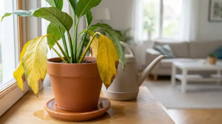 Pianta in vaso con foglie ingiallite accanto a un annaffiatoio su un tavolo vicino a una finestra