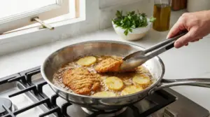 Cotolette e fette di patate fritte in padella su fornello acceso vicino a finestra aperta