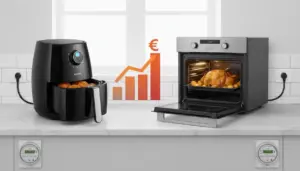 Friggitrice ad aria e forno elettrico su piano cucina, con grafico in crescita che richiama il costo in bolletta