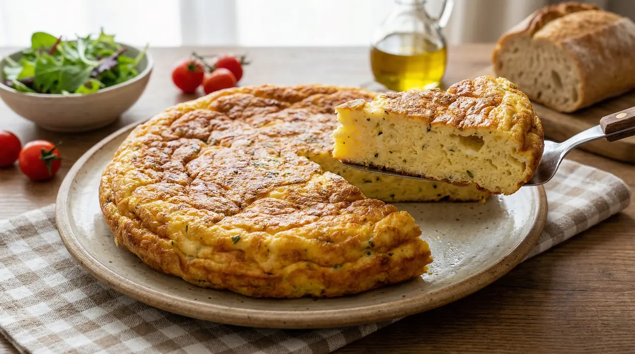 Frittata alta e soffice servita su un piatto con contorno di insalata e pane