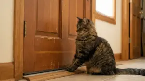 Gatto tigrato seduto davanti a una porta in legno chiusa, in casa, come se volesse entrare