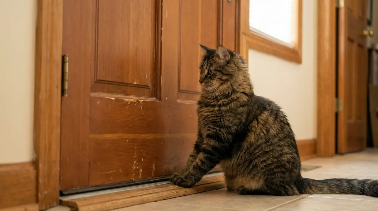 Gatto tigrato seduto davanti a una porta in legno chiusa, in casa, come se volesse entrare