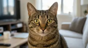 Gatto tigrato con occhi verdi fissa la fotocamera in un ambiente domestico