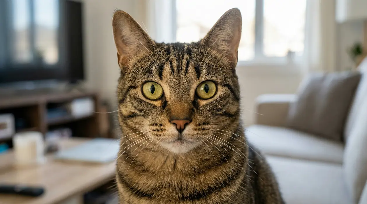 Gatto tigrato con occhi verdi fissa la fotocamera in un ambiente domestico