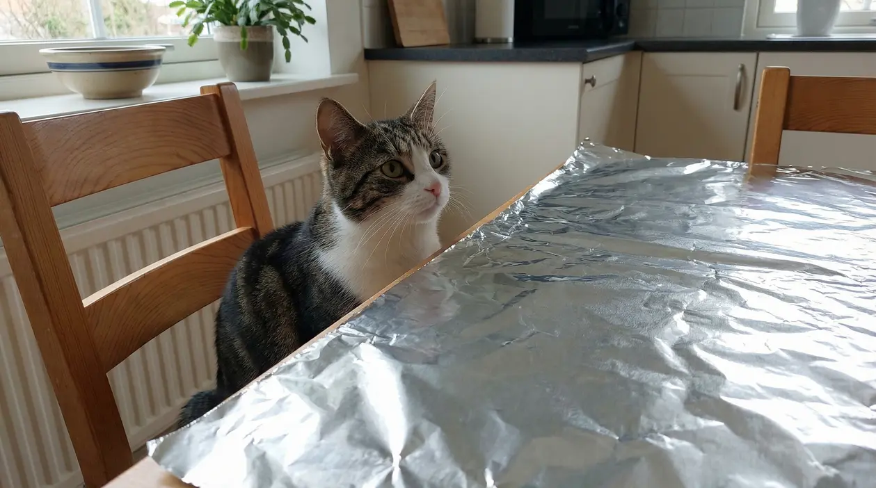 Gatto seduto su una sedia davanti a un tavolo coperto con foglio di alluminio in cucina