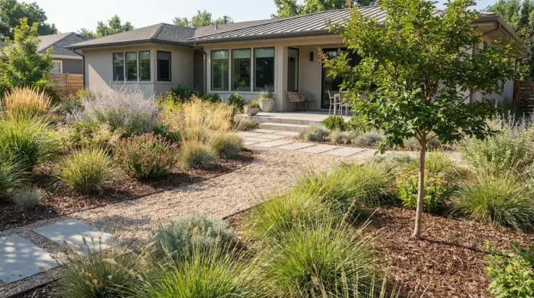 Giardino moderno con piante resistenti e sentiero in ghiaia davanti a una casa