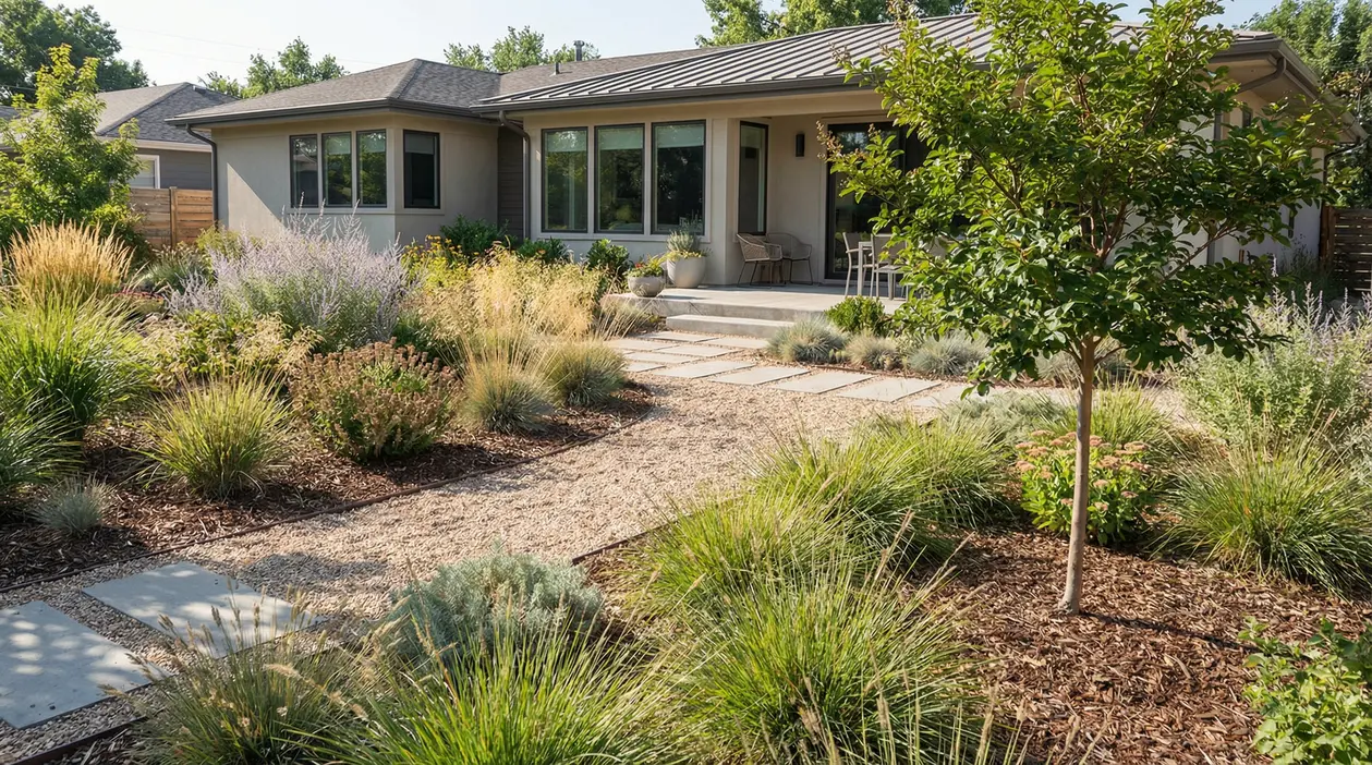 Giardino moderno con piante resistenti e sentiero in ghiaia davanti a una casa