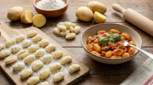 Gnocchi di patate fatti in casa su un tagliere e in un piatto con salsa di pomodoro