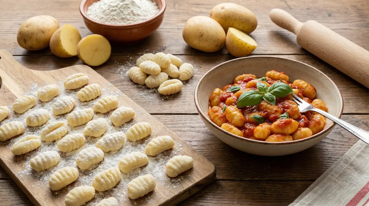 Gnocchi di patate fatti in casa su un tagliere e in un piatto con salsa di pomodoro