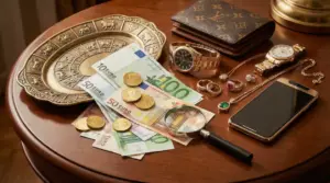 Oggetti di lusso su un tavolo, tra cui denaro, orologi, gioielli e uno smartphone