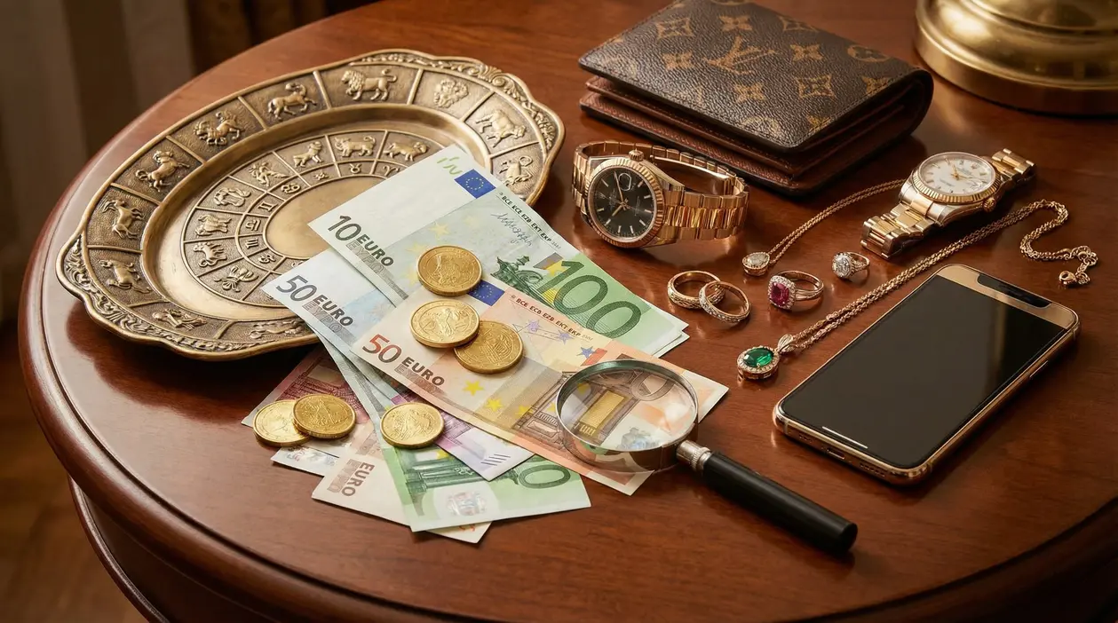 Oggetti di lusso su un tavolo, tra cui denaro, orologi, gioielli e uno smartphone