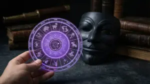 Una mano tiene un disco zodiacale illuminato accanto a una maschera scura e libri antichi.