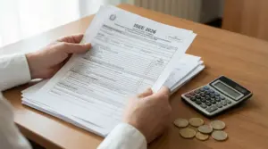 Persona che tiene in mano un modulo ISEE 2026 su una scrivania con calcolatrice e monete.