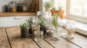 Vasetti di vetro riutilizzati su un tavolo: mini piante grasse, erbe aromatiche, bottoni, candela e cotton fioc