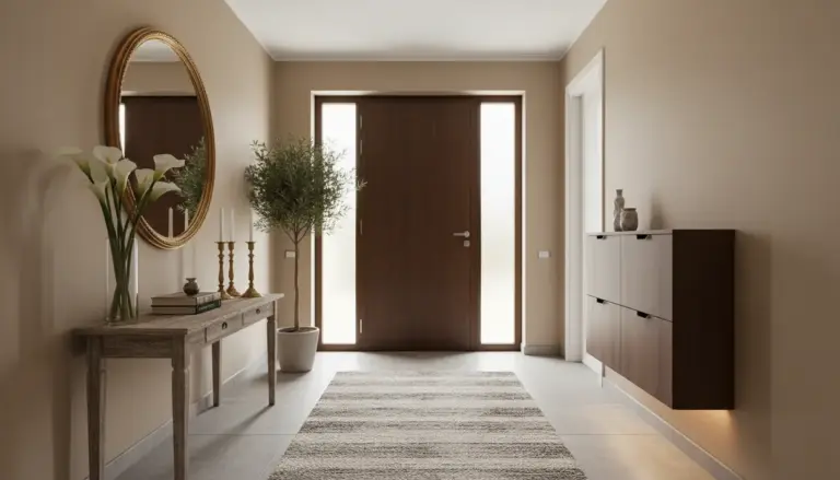 Ingresso di casa moderno con porta in legno, specchio ovale, consolle con fiori e tappeto neutro