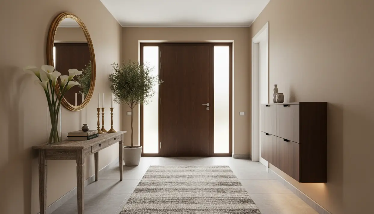 Ingresso di casa moderno con porta in legno, specchio ovale, consolle con fiori e tappeto neutro