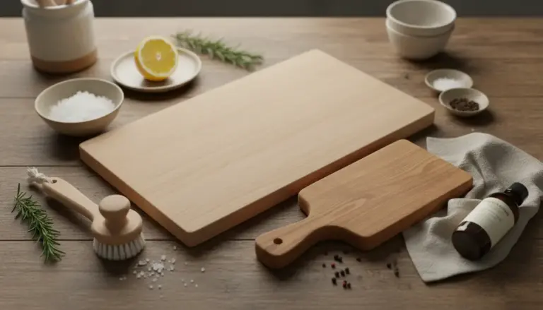 Taglieri in legno su tavolo con limone, sale grosso, rosmarino e spazzola per pulizia e igienizzazione