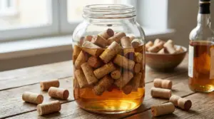 Barattolo di vetro con tappi di sughero immersi nell’alcool su un tavolo, accanto a una bottiglia