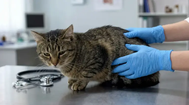 Gatto esaminato da un veterinario con guanti blu su un tavolo in clinica