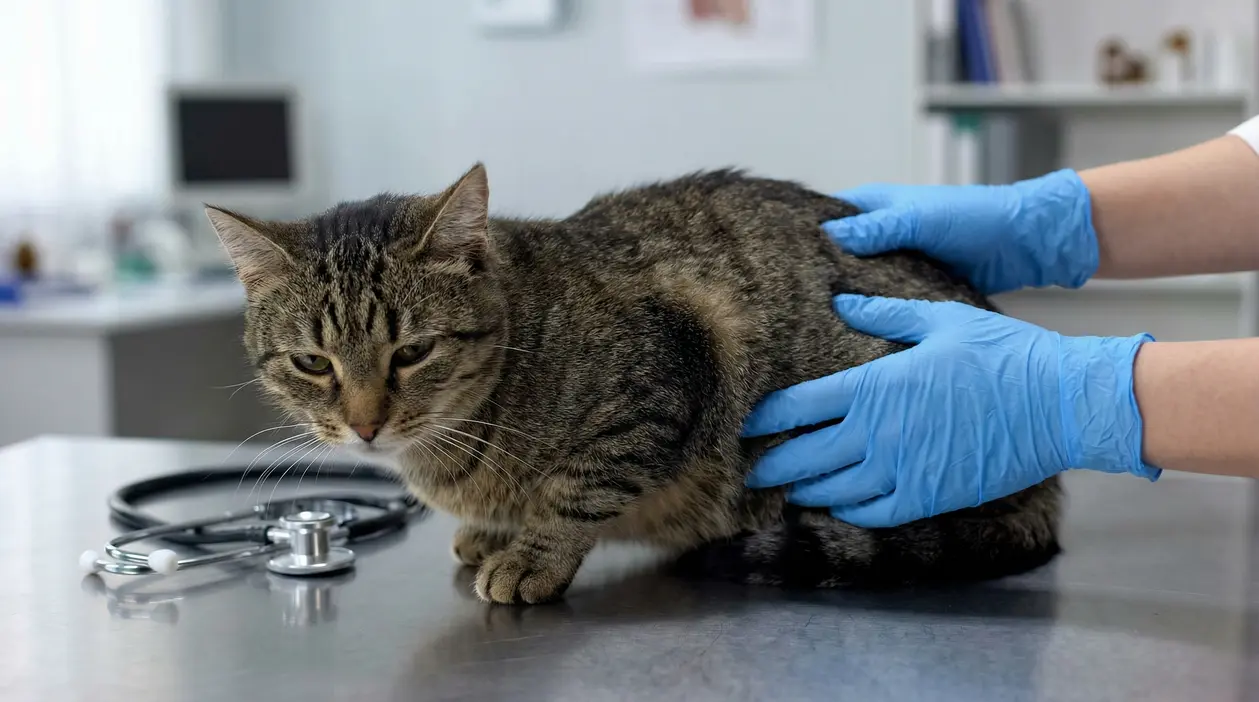 Gatto esaminato da un veterinario con guanti blu su un tavolo in clinica