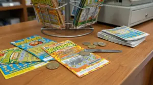 Biglietti gratta e vinci su un bancone con monete e una moneta utilizzata per grattare