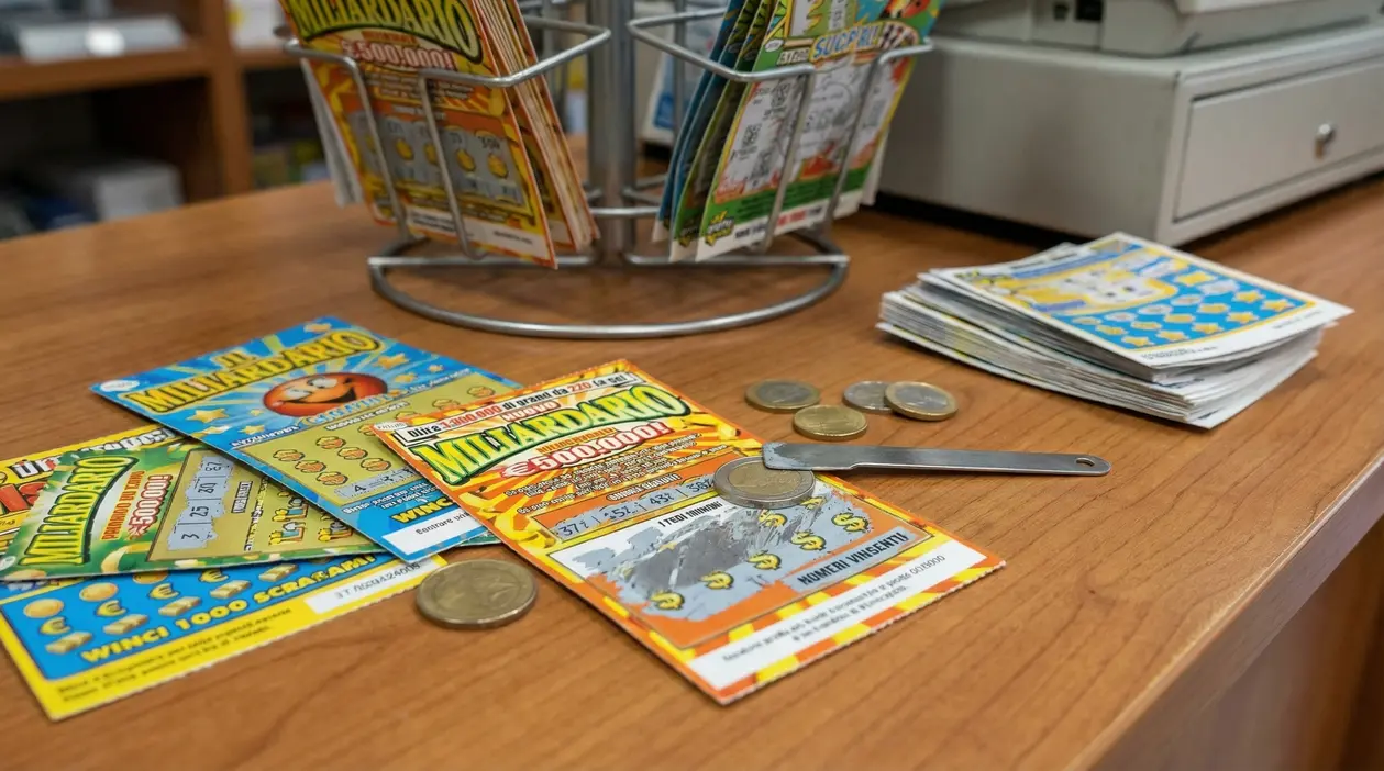 Biglietti gratta e vinci su un bancone con monete e una moneta utilizzata per grattare