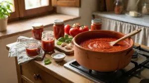 Pentola di terracotta con sugo di pomodoro sul fornello e barattoli di conserva su un tavolo di legno