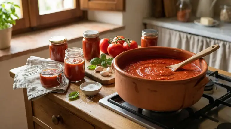 Pentola di terracotta con sugo di pomodoro sul fornello e barattoli di conserva su un tavolo di legno