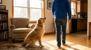 Cane seduto in casa che guarda una persona mentre si allontana